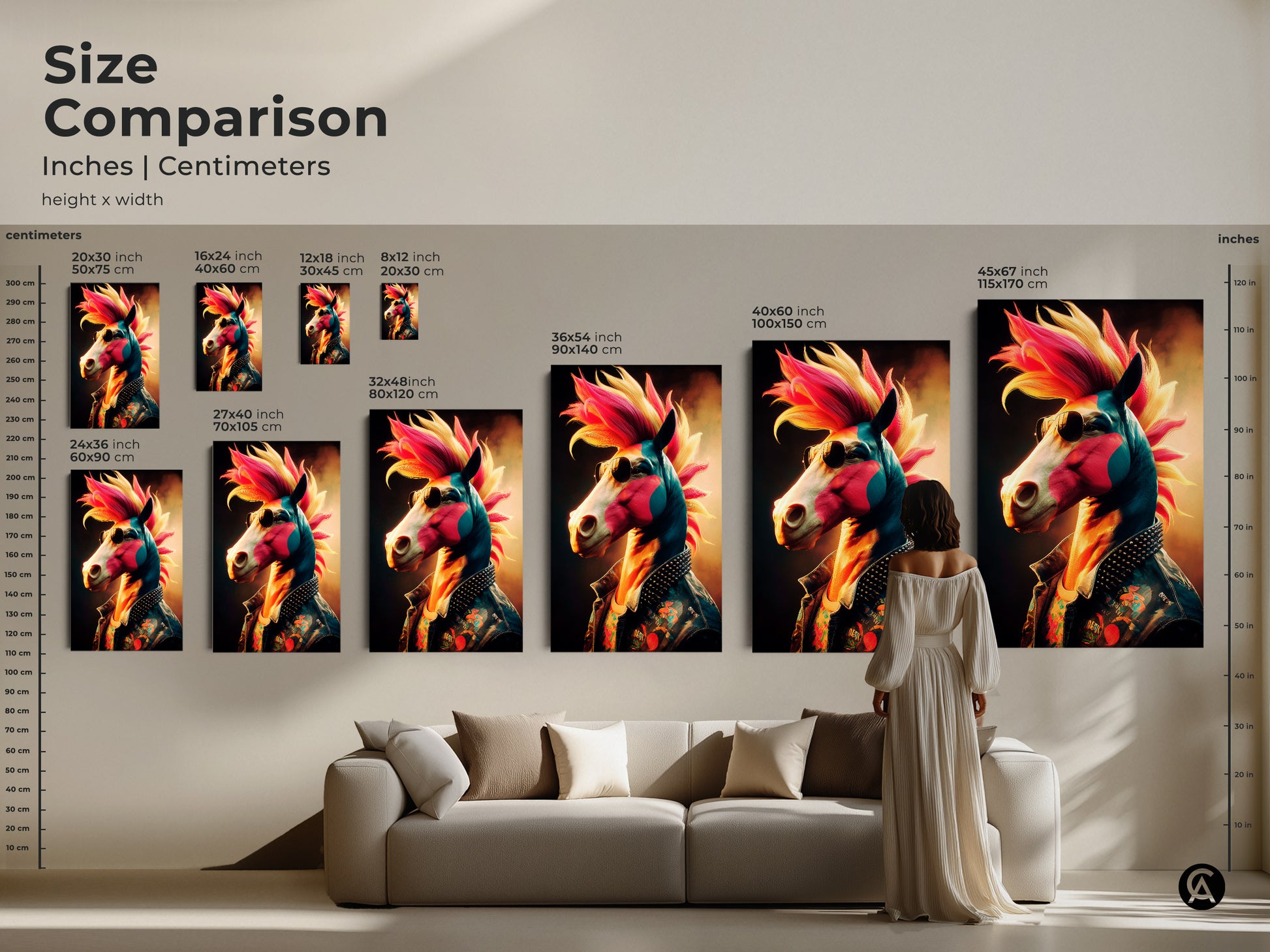 A size comparison of the punk rock horse artwork in different sizes. This unique animal wall decor makes a great gift for 80s music fans looking for edgy home decor.