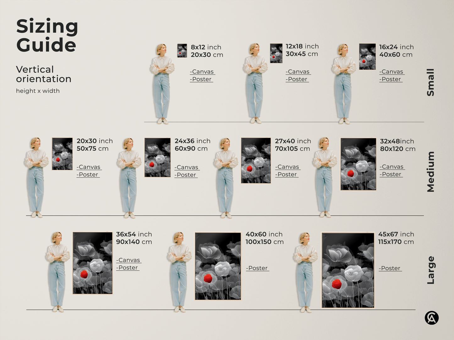 Sizing guide for vertical abstract botanical line art. View canvas and poster options at various sizes. Each artwork features a red poppy and black and white floral elements. Find the ideal fit for your space.