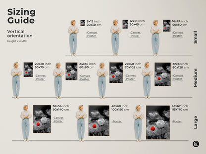 Sizing guide for vertical abstract botanical line art. View canvas and poster options at various sizes. Each artwork features a red poppy and black and white floral elements. Find the ideal fit for your space.