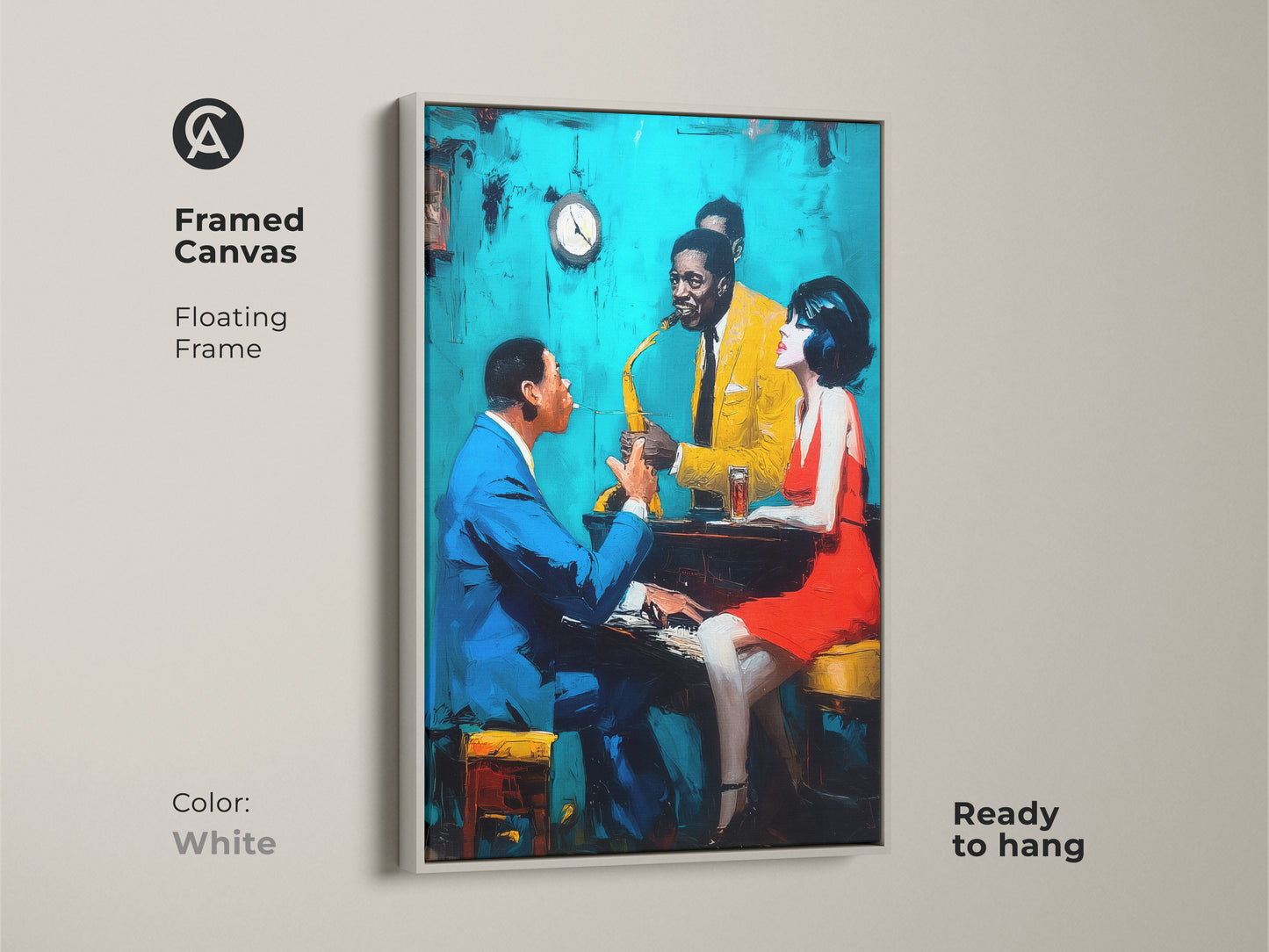 Brighten your walls with this framed canvas artwork. The white floating frame highlights the jazz club scene. The artwork features a pianist a saxophonist and a woman enjoying the music. Ready to hang this art adds a clean modern touch.