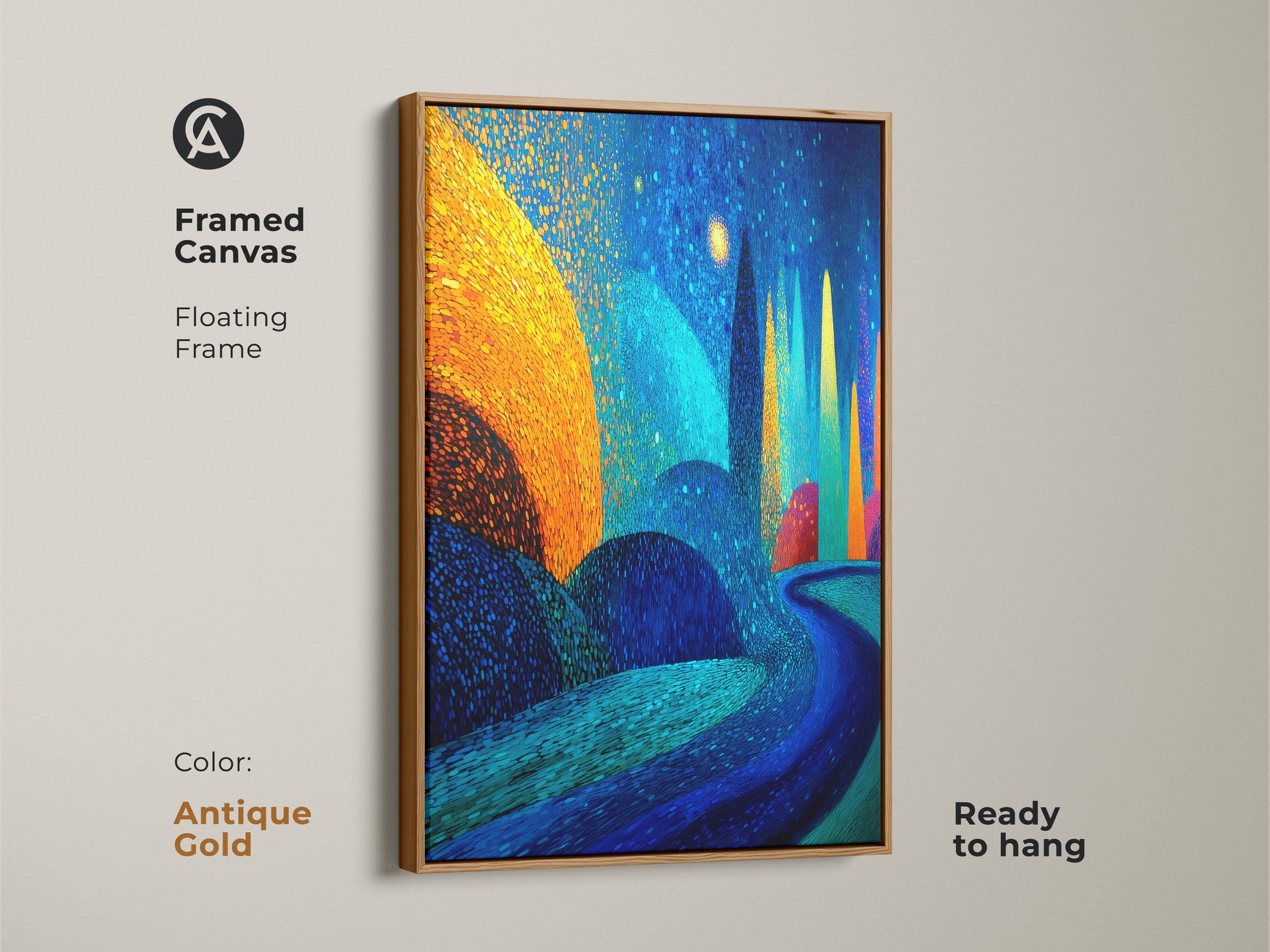 Antique Gold framed canvas featuring a deep blue and gold artwork. A floating frame enhances the fantasy forest art print. This nature path wall hanging is ready to hang and adds a vibrant abstract landscape.