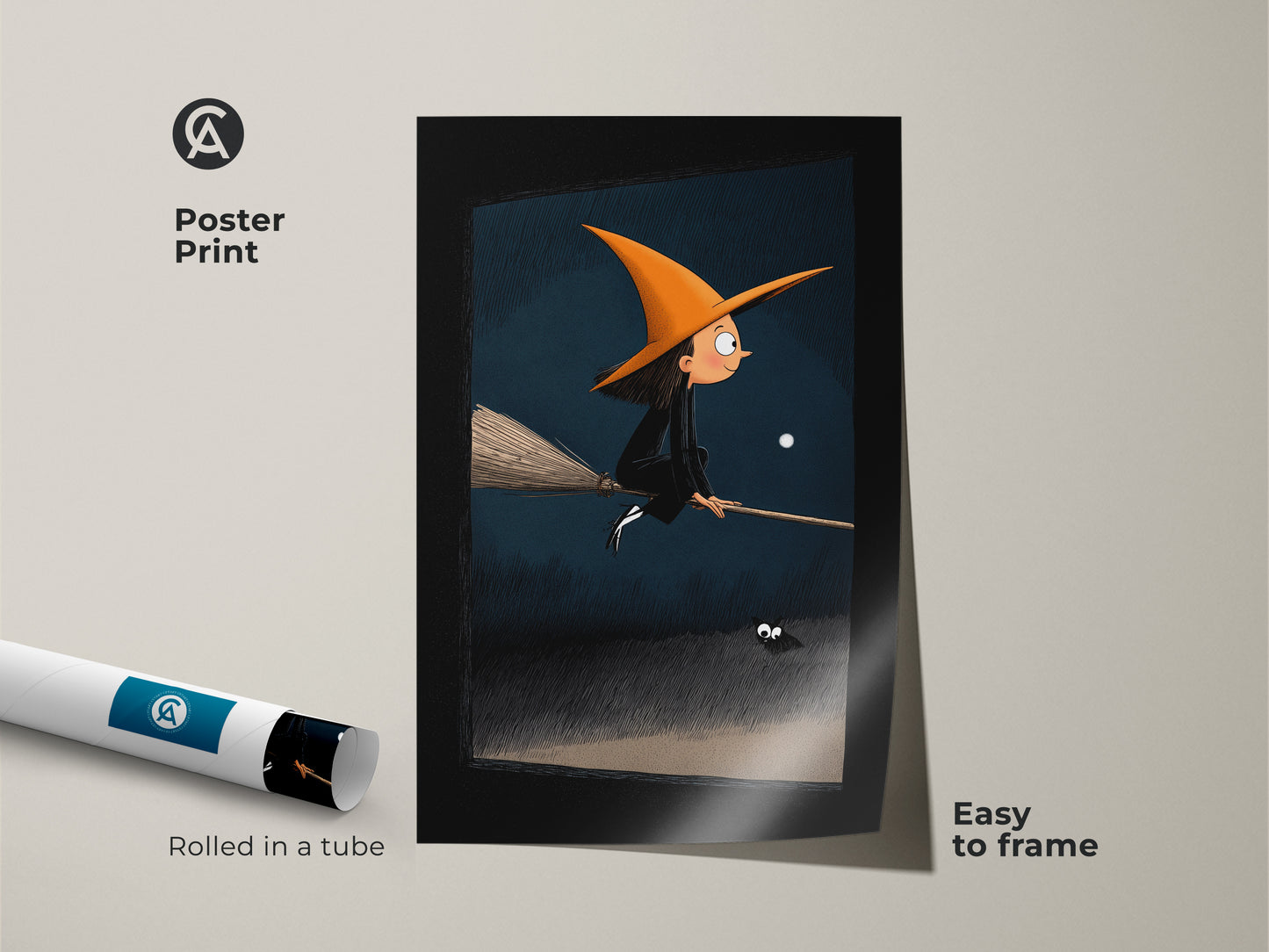 This poster print showcases a cute witch poster. The orange black blue kids decor features a whimsical fantasy scene with a witch spider and moonlit sky. Arrives rolled in a tube for easy framing. The fantasy creature art is ideal for seasonal wall decor or art for kids room. It is perfect for a children's fantasy print.
