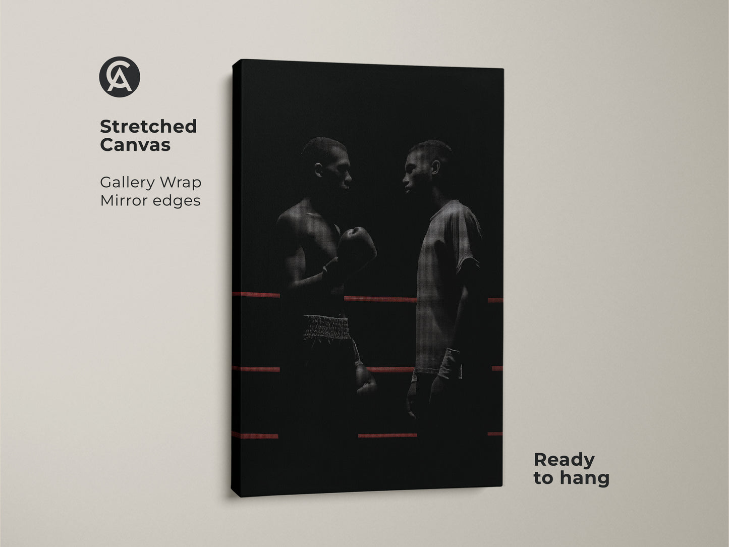 Stretched canvas featuring minimalist boxer artwork. This black and white canvas art shows two boxers facing each other in a ring. It's a perfect industrial loft decor piece ready to hang. This motivational boxer wall art is ideal for sports enthusiasts. A unique gift for boxing fans.