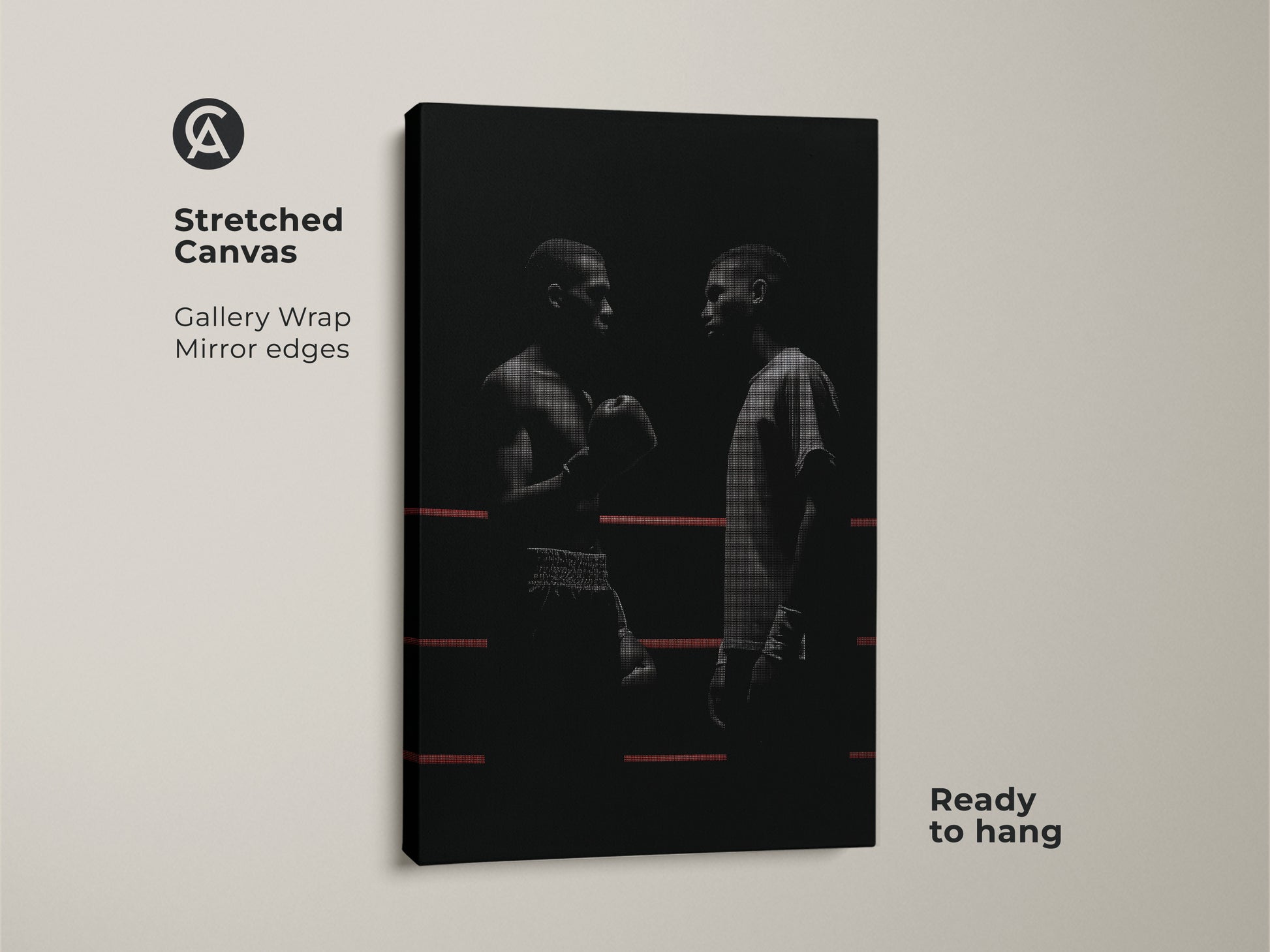 Stretched canvas featuring minimalist boxer artwork. This black and white canvas art shows two boxers facing each other in a ring. It's a perfect industrial loft decor piece ready to hang. This motivational boxer wall art is ideal for sports enthusiasts. A unique gift for boxing fans.