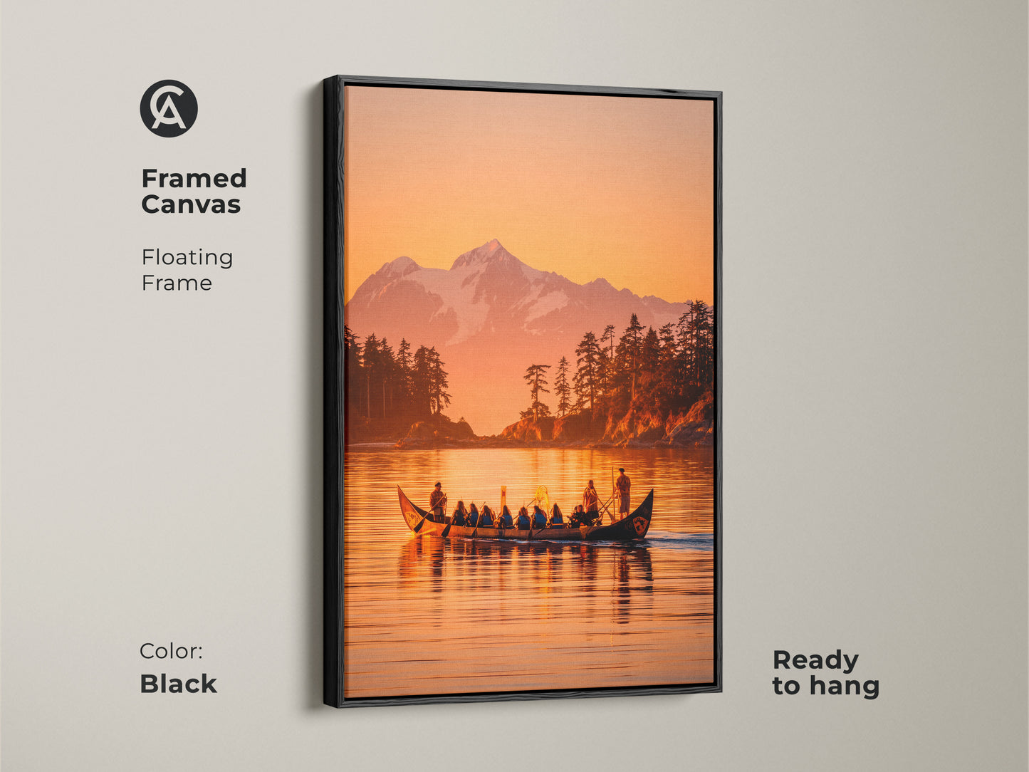 Framed canvas artwork featuring a canoe scene with a mountain backdrop. The artwork is displayed with a sleek black floating frame. This ready-to-hang wall art enhances any space. It is perfect for adding a touch of nature to your decor.