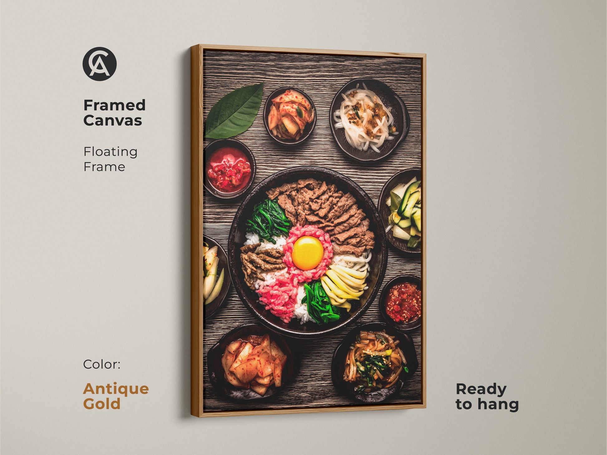 Framed Canvas presenting realistic Bibimbap artwork Korean gourmet food photography. This piece has an antique gold floating frame and is ready to hang. Elevate your kitchen with this culinary art.