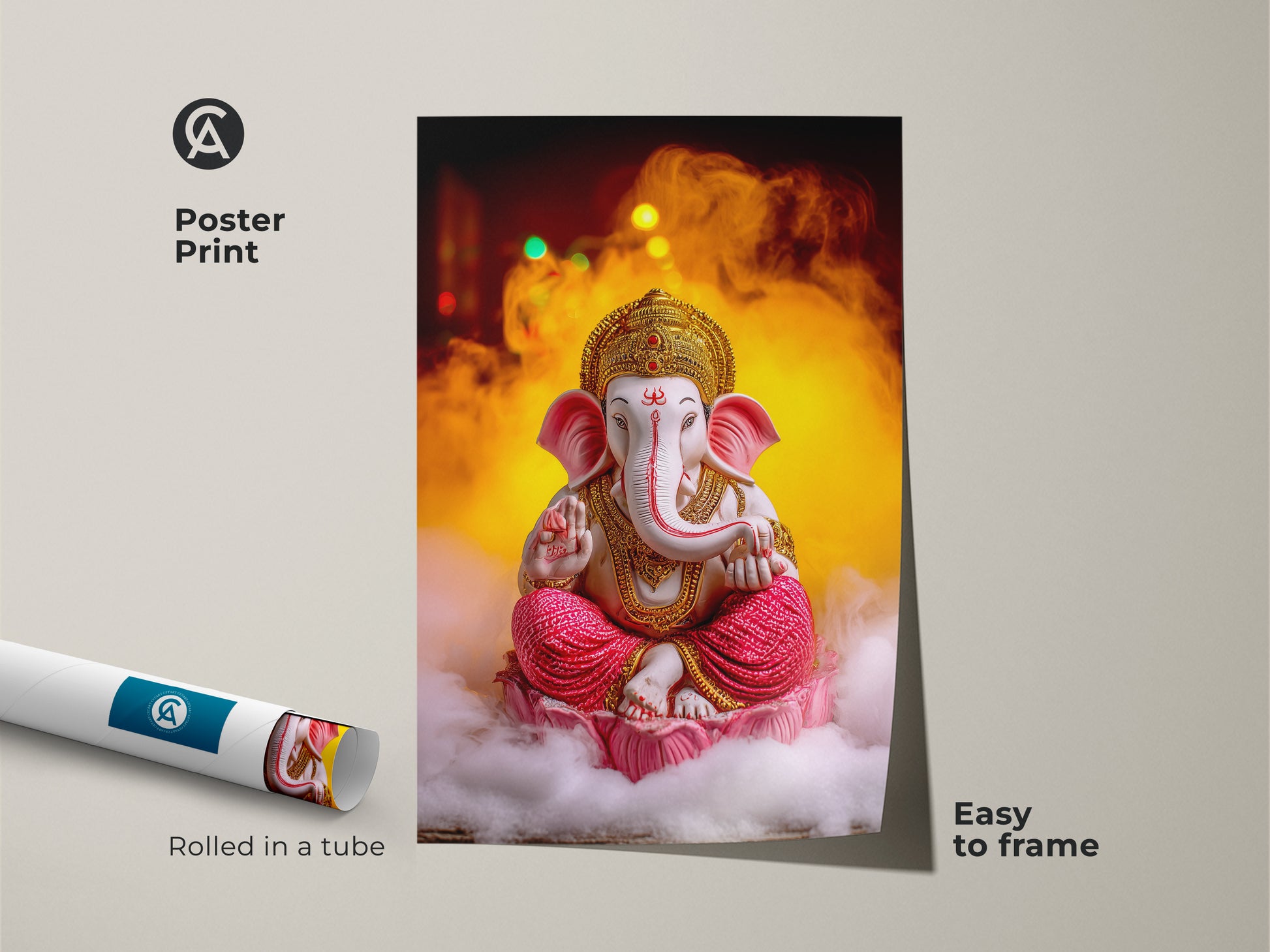 A poster print of the Pink Gold Ganesha artwork is rolled in a tube. This spiritual lotus art is easy to frame. It showcases Hindu mythology. The eclectic home wall hanging brings meditation room decor to life. This Ganesha artwork is a unique housewarming gift.