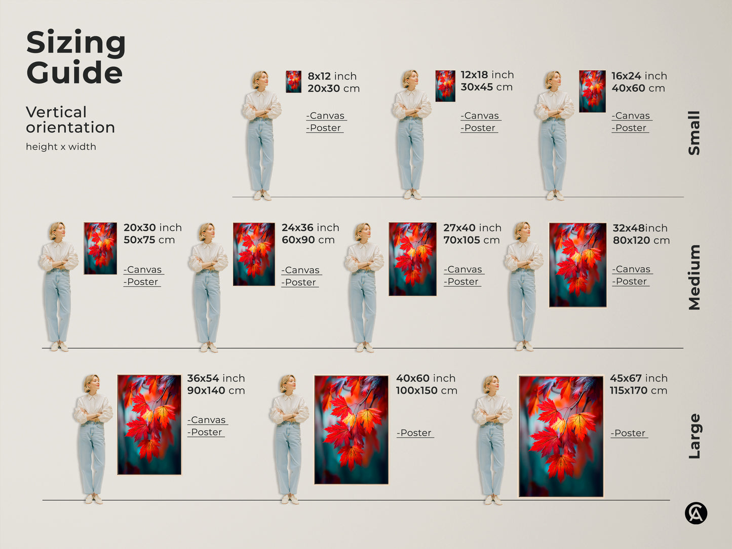 Sizing guide for maple leaf artwork. Visualize different vertical orientations. Find the perfect fit for your space. Available in canvas and poster prints. Transform your walls with stunning botanical art.