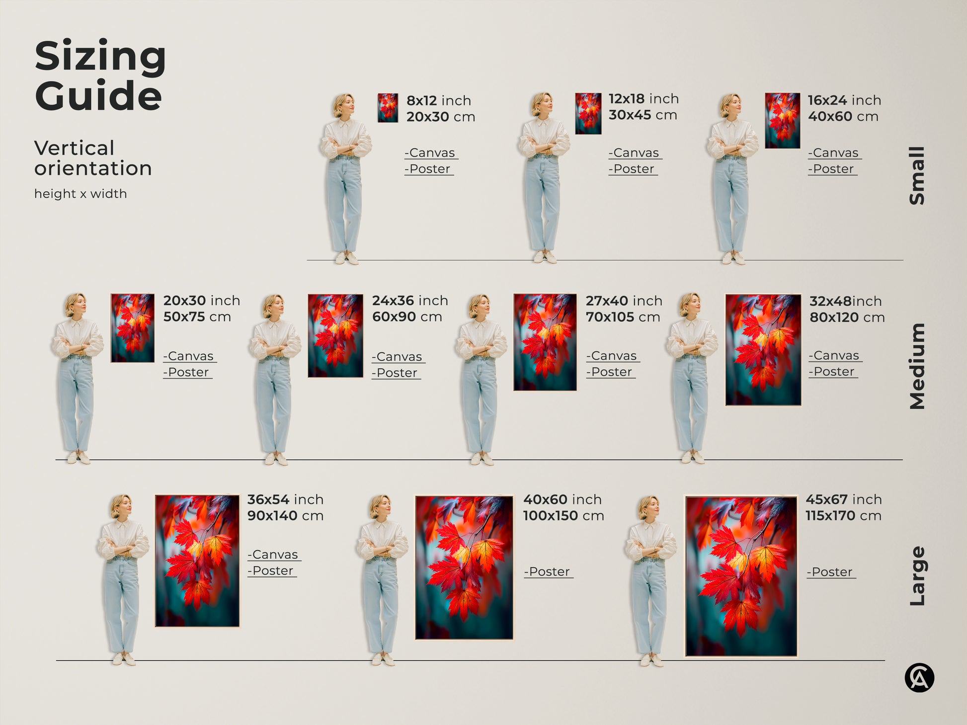 Sizing guide for maple leaf artwork. Visualize different vertical orientations. Find the perfect fit for your space. Available in canvas and poster prints. Transform your walls with stunning botanical art.