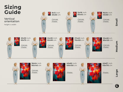 Sizing guide for maple leaf artwork. Visualize different vertical orientations. Find the perfect fit for your space. Available in canvas and poster prints. Transform your walls with stunning botanical art.
