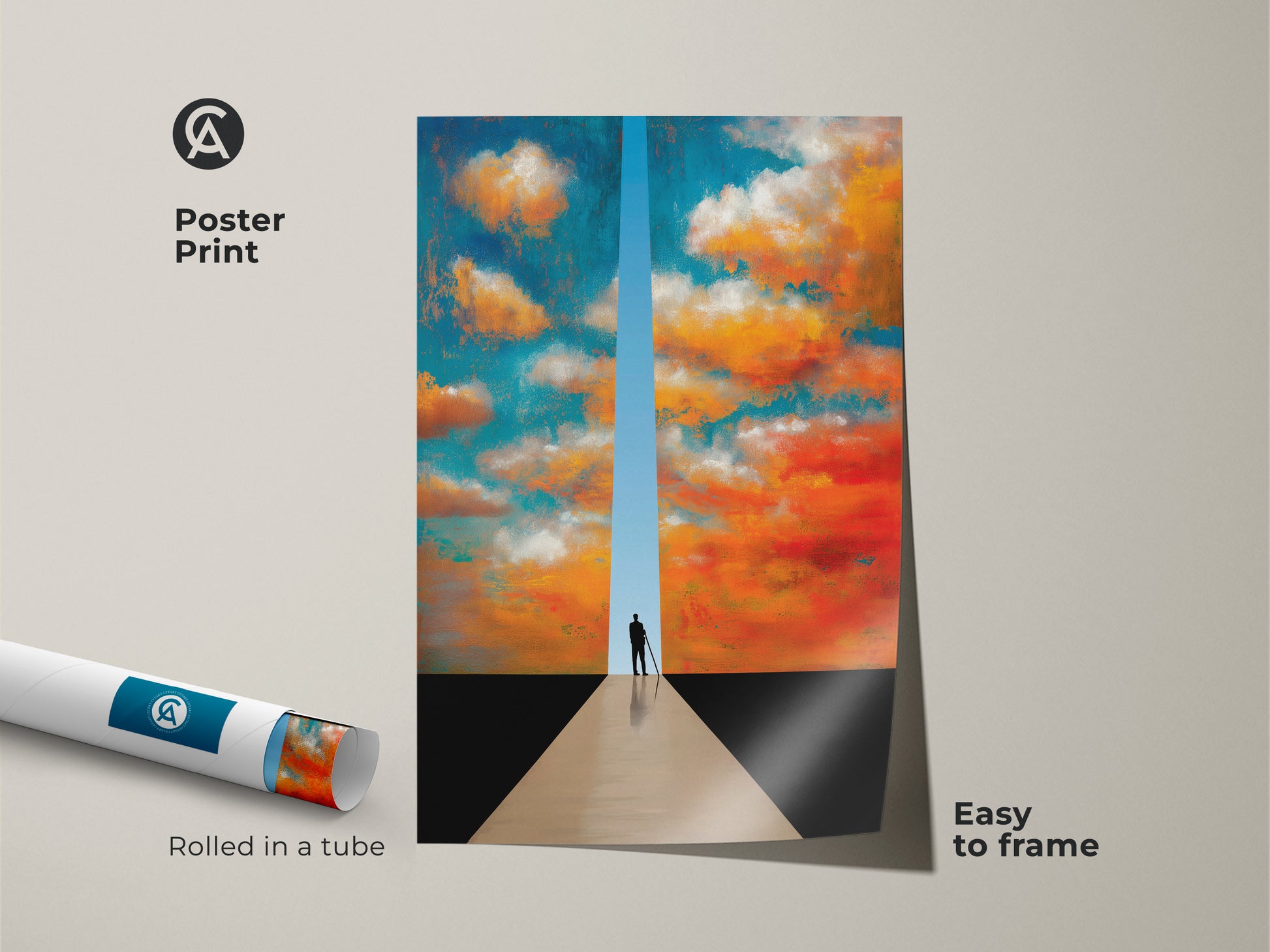 Poster print of abstract figurative art. The surreal cloudscape shows a blue orange sky. Rolled in a tube and easy to frame. Conceptual bedroom decor that inspires dream journeys.