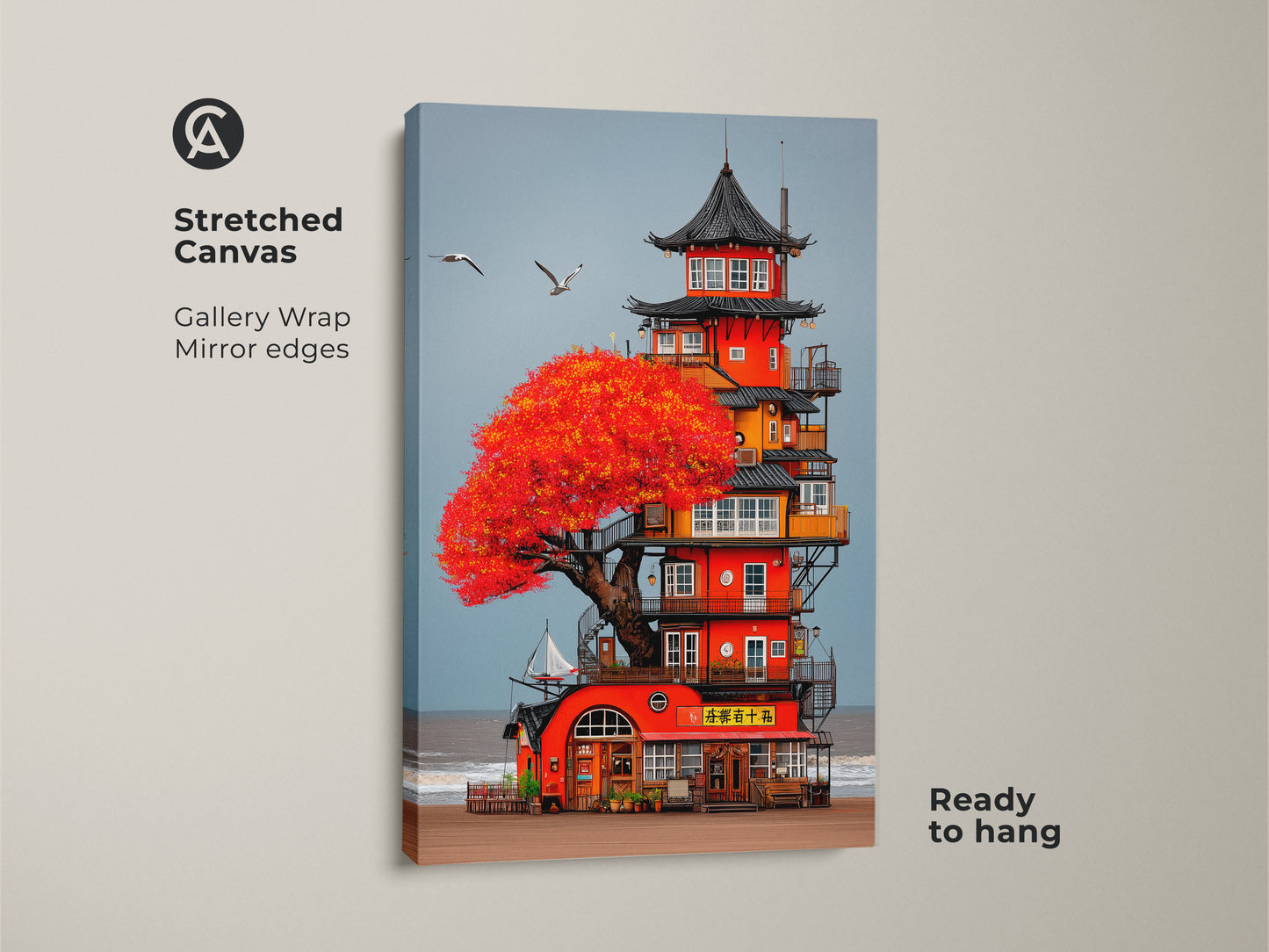 Poster print art featuring a whimsical Japanese Pagoda coastal tower. The artwork shows a red tree seascape with boho beach home decor influences. The rolled in a tube poster is easy to frame for a fantasy travel gift.