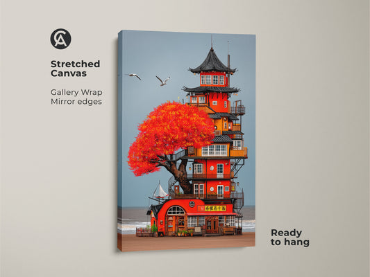 Poster print art featuring a whimsical Japanese Pagoda coastal tower. The artwork shows a red tree seascape with boho beach home decor influences. The rolled in a tube poster is easy to frame for a fantasy travel gift.