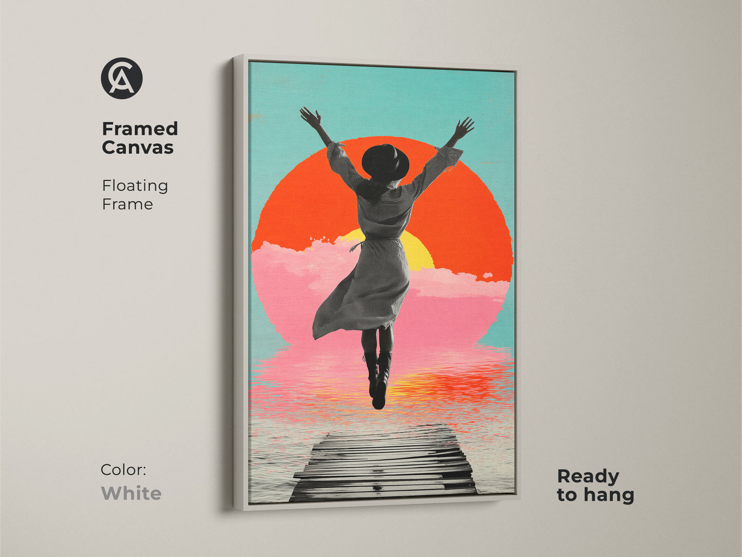 Framed canvas of a surreal woman jumping toward the sun in a floating white frame and ready to hang. This retro style figurative art piece blends boho elements. It features a peaceful beach and pier with a unique ocean sunset.