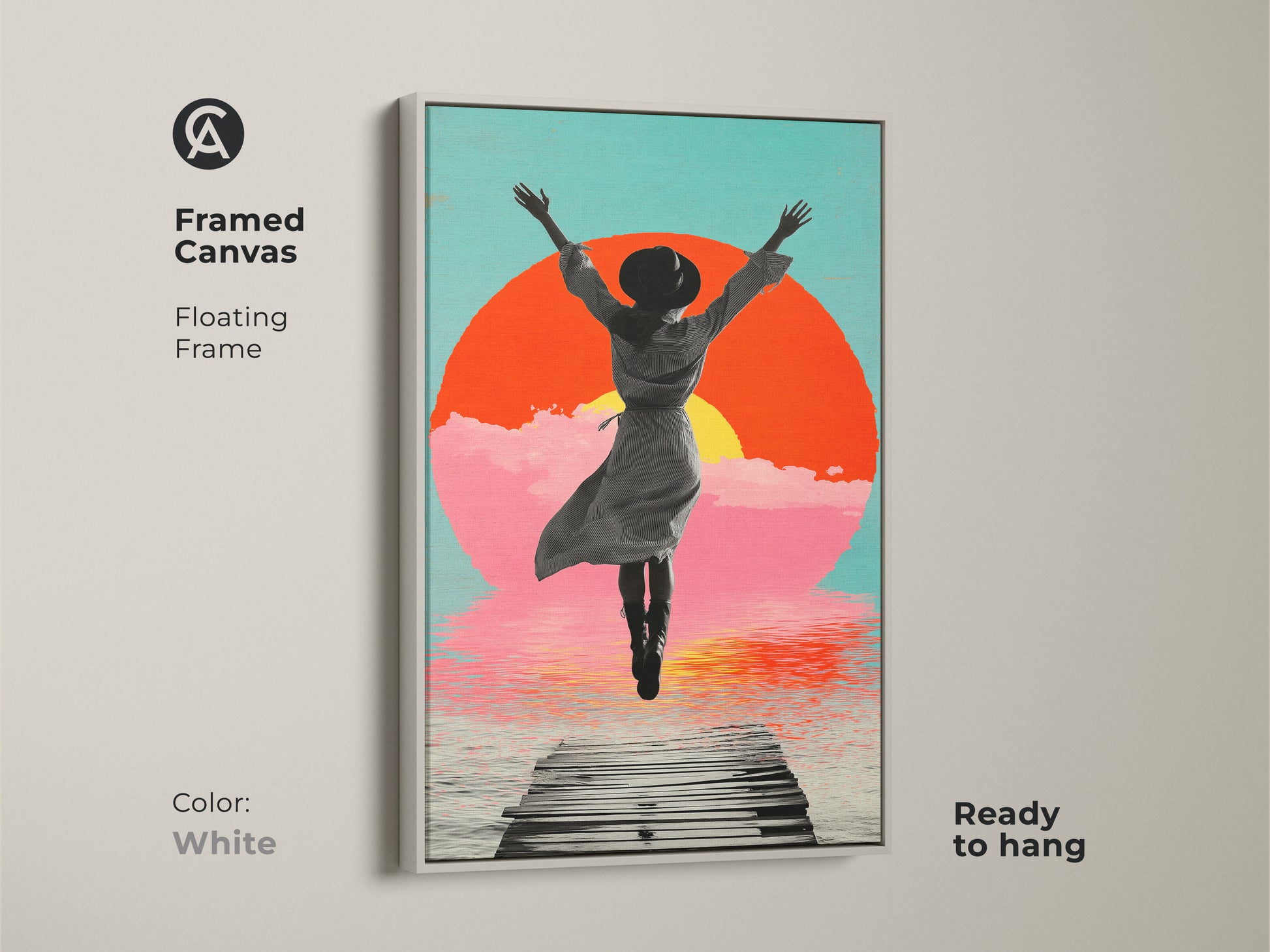Framed canvas of a surreal woman jumping toward the sun in a floating white frame and ready to hang. This retro style figurative art piece blends boho elements. It features a peaceful beach and pier with a unique ocean sunset.