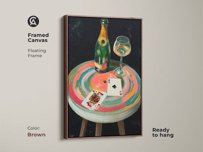 Framed Canvas featuring the champagne bottle wall art with a brown floating frame. The artwork is perfect as eclectic wall art for a home bar. A great gift for card players.