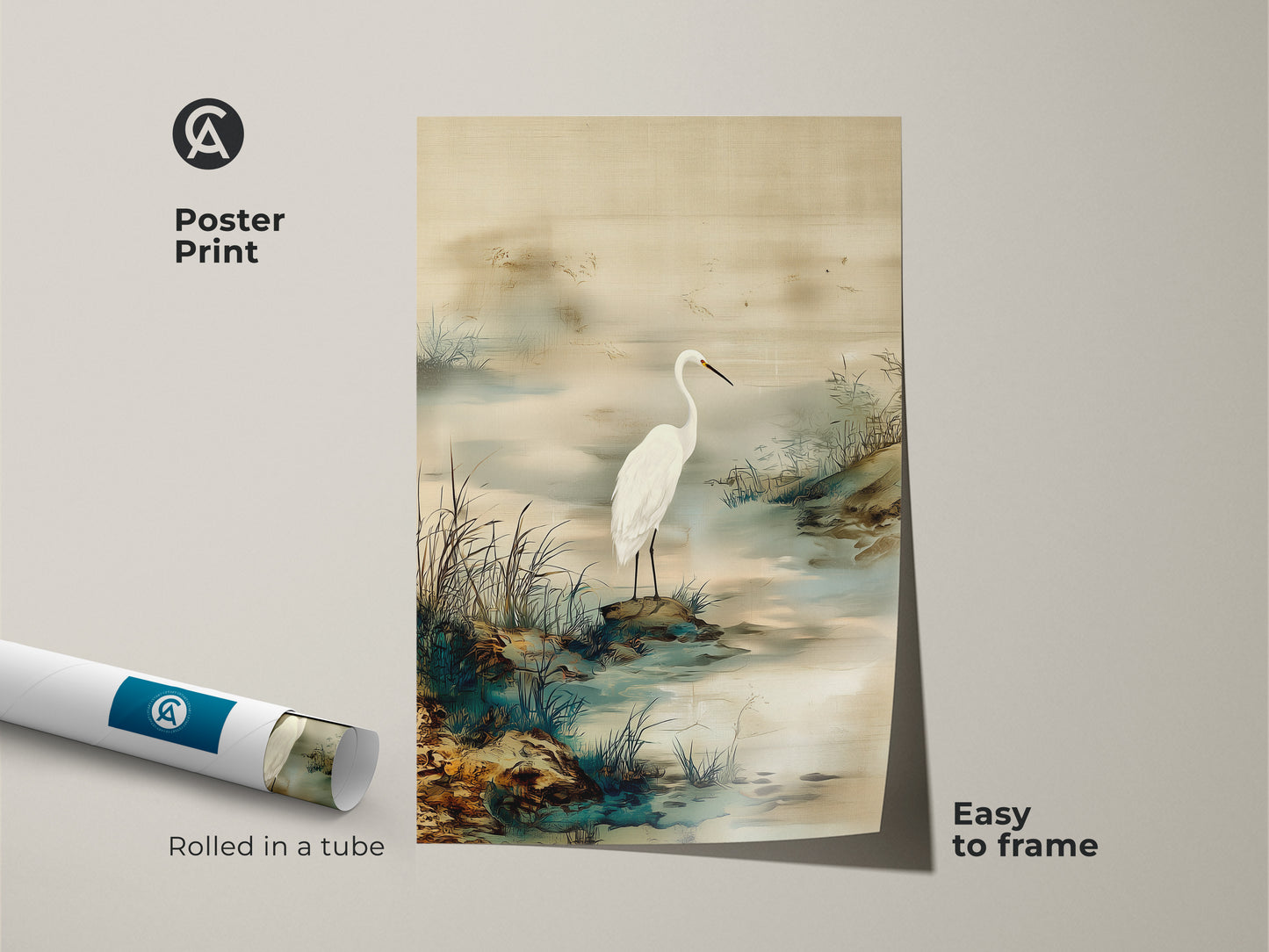 Poster print of an Egret bird in a tranquil setting. This Japandi style wall art offers a minimalist landscape. Ink wash egret painting displays soft beige and green tones. Easy to frame nature art.