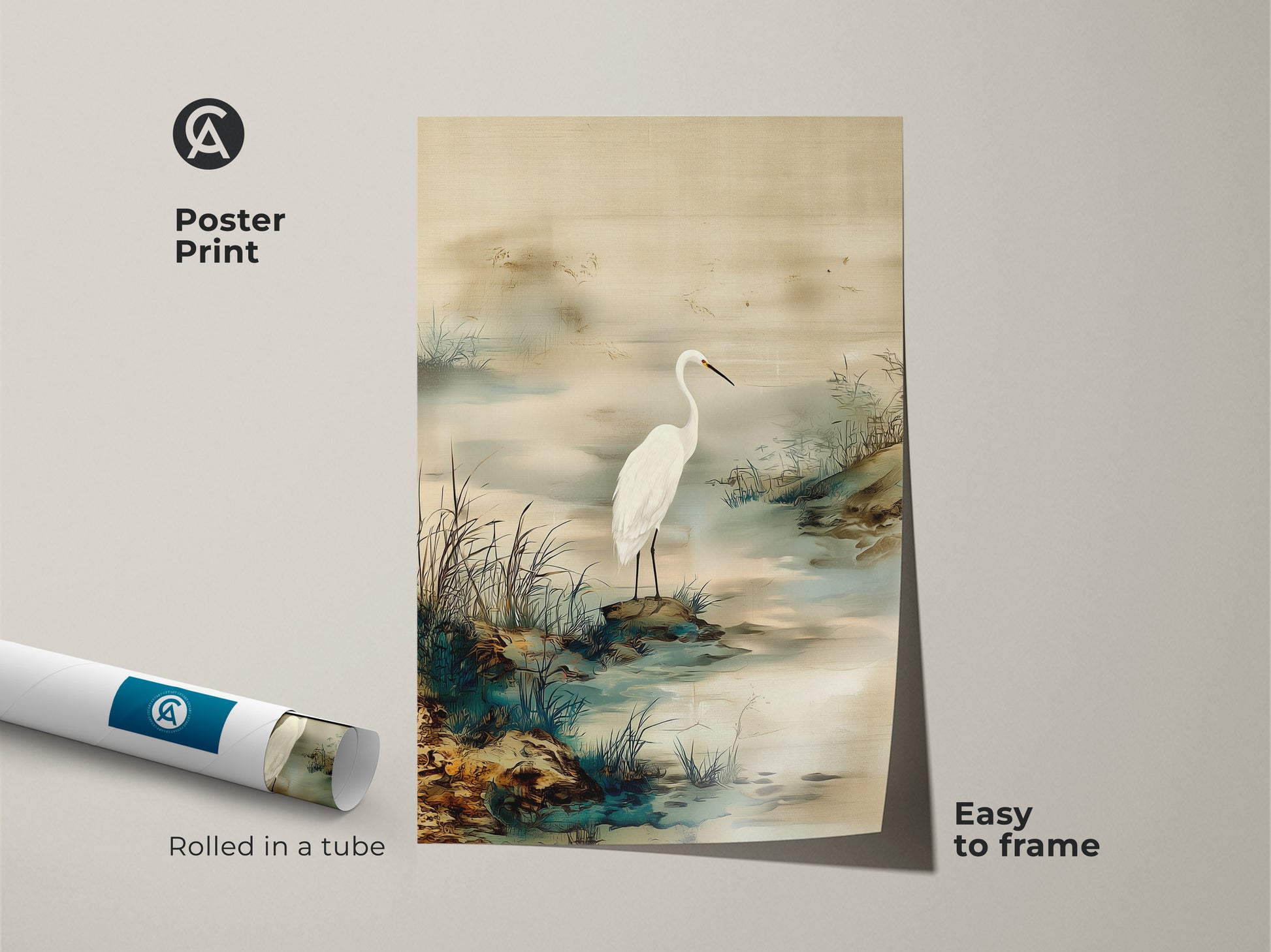 Poster print of an Egret bird in a tranquil setting. This Japandi style wall art offers a minimalist landscape. Ink wash egret painting displays soft beige and green tones. Easy to frame nature art.