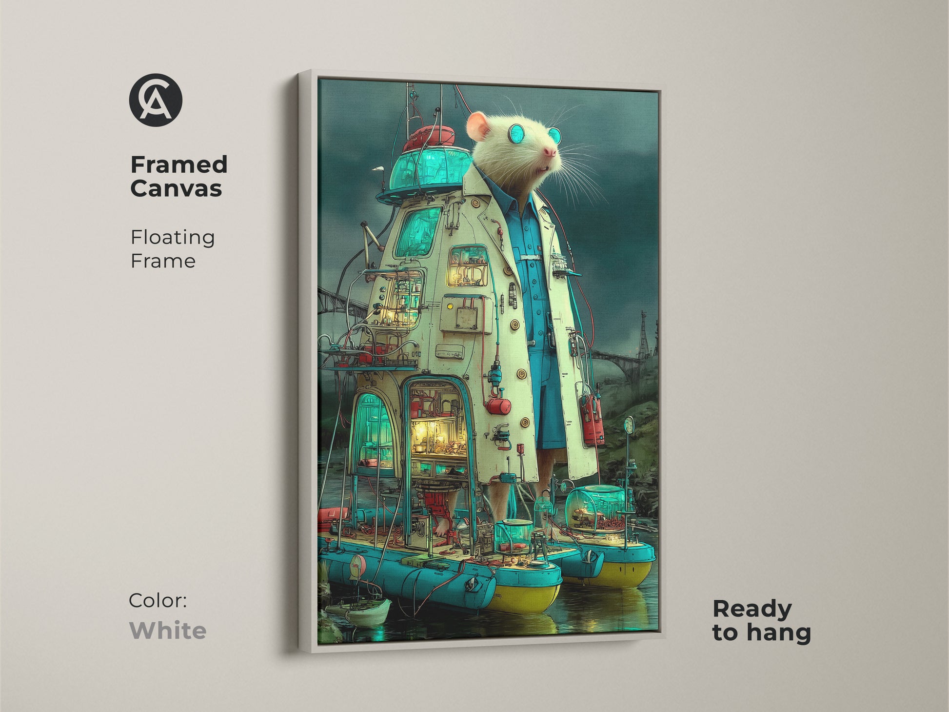 Framed canvas featuring steampunk rat scientist art. The surreal laboratory wall art is an eclectic animal canvas print. The floating frame is white. A creative workspace art option.