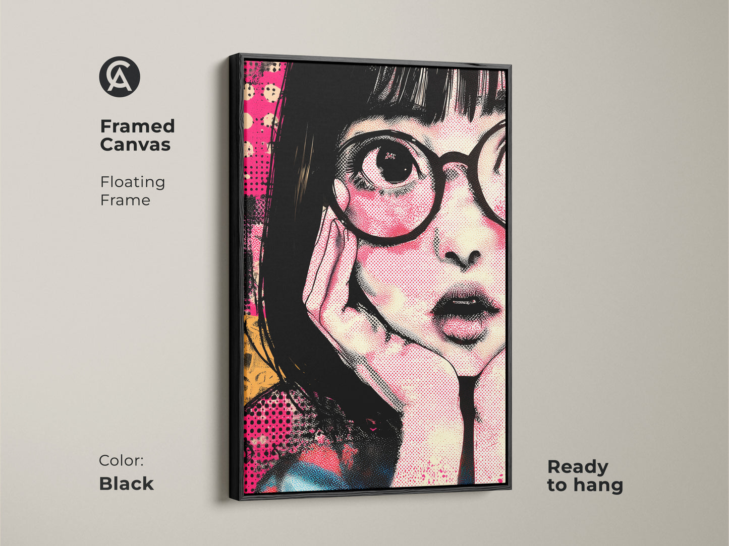 Black framed canvas featuring anime girl portrait art. This retro pop art canvas adds a touch of color to any room. The hot pink and yellow wall art is great for eclectic bedroom decor. The artwork makes a unique gift for anime fans. The graphic art print is ready to hang and enjoy.