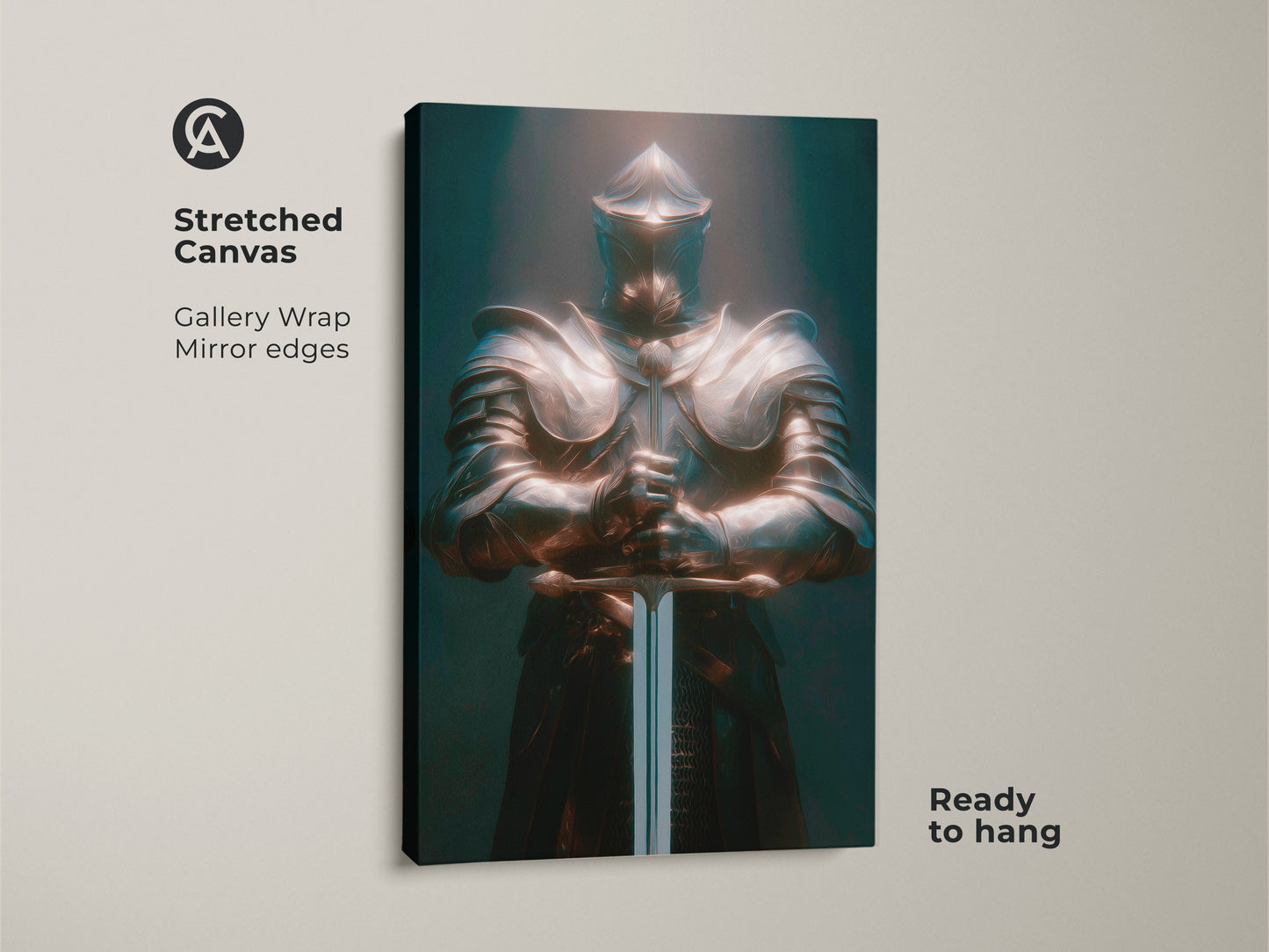 Stretched canvas print of a Dark Fantasy Knight. The artwork shows a medieval armor canvas print. The gallery wrap has mirror edges and is ready to hang. It is a gothic warrior wall art with a bronze teal knight. It's perfect eclectic wall decor for a man cave.
