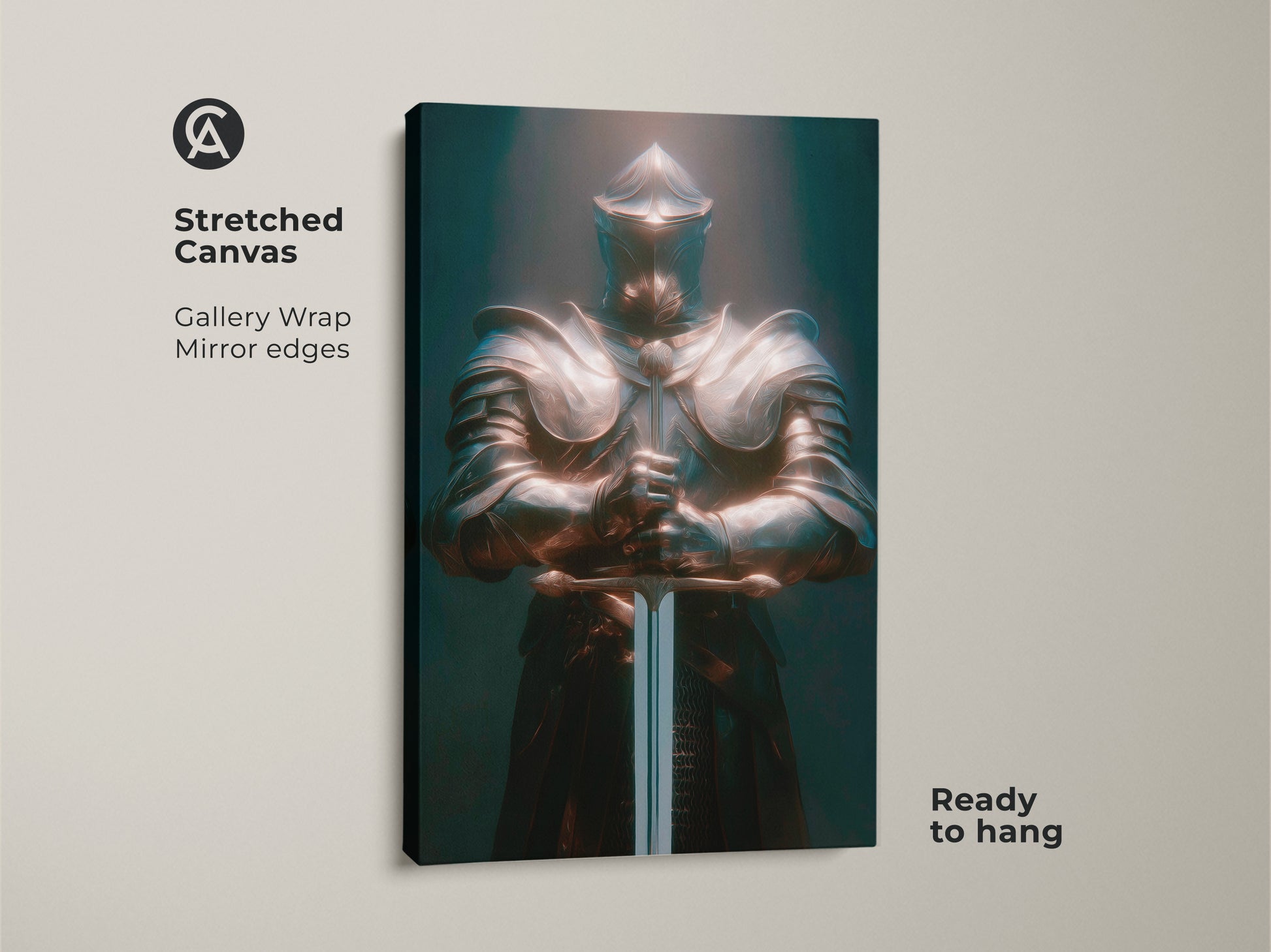 Stretched canvas print of a Dark Fantasy Knight. The artwork shows a medieval armor canvas print. The gallery wrap has mirror edges and is ready to hang. It is a gothic warrior wall art with a bronze teal knight. It's perfect eclectic wall decor for a man cave.