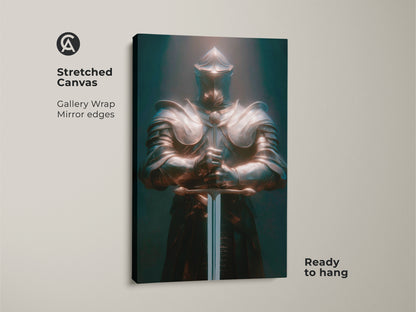 Stretched canvas print of a Dark Fantasy Knight. The artwork shows a medieval armor canvas print. The gallery wrap has mirror edges and is ready to hang. It is a gothic warrior wall art with a bronze teal knight. It's perfect eclectic wall decor for a man cave.