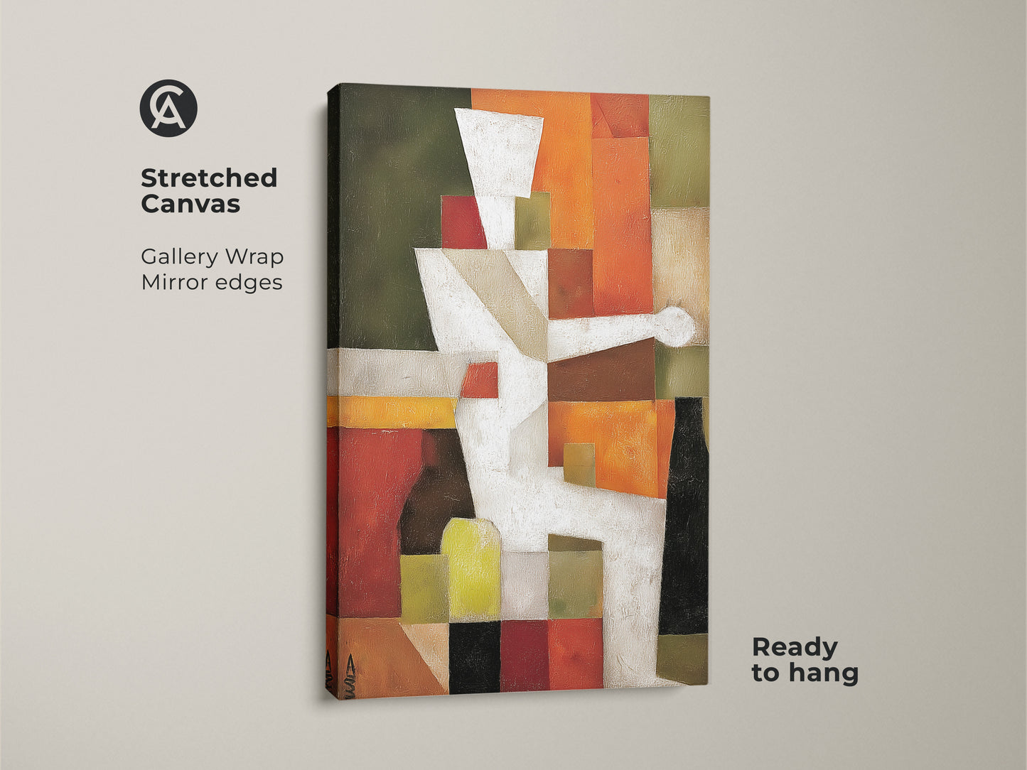 Stretched canvas of abstract geometric artwork. This Gallery Wrap has mirror edges and is ready to hang. The Mid-Century Modern art features a Terracotta and White palette with Orange and Olive Green accents.