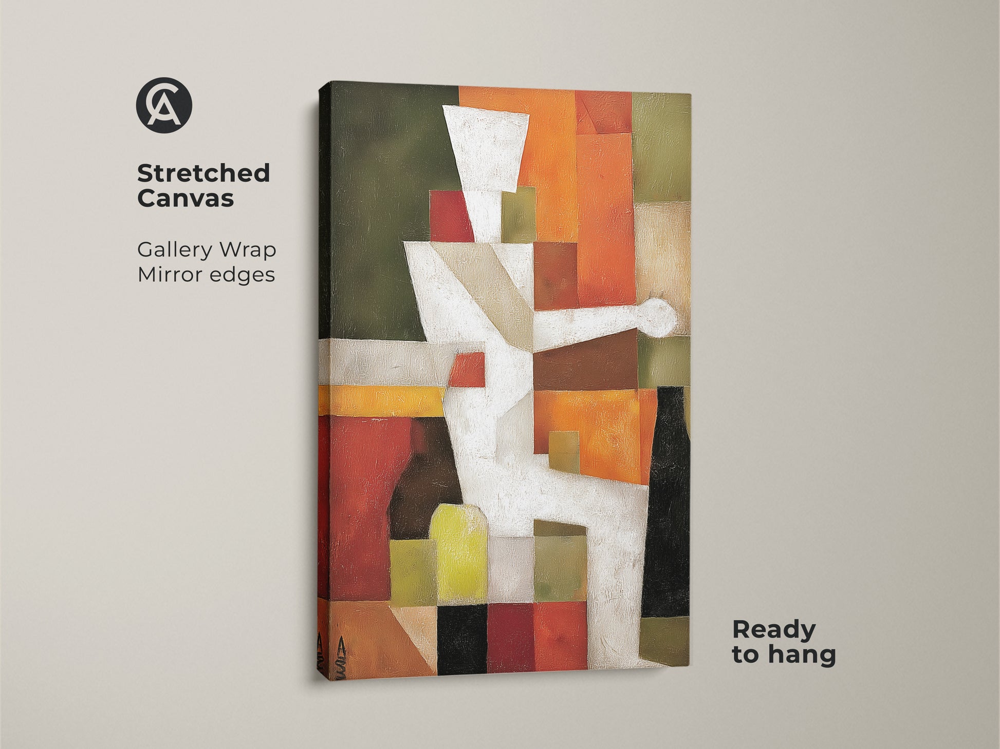 Stretched canvas of abstract geometric artwork. This Gallery Wrap has mirror edges and is ready to hang. The Mid-Century Modern art features a Terracotta and White palette with Orange and Olive Green accents.