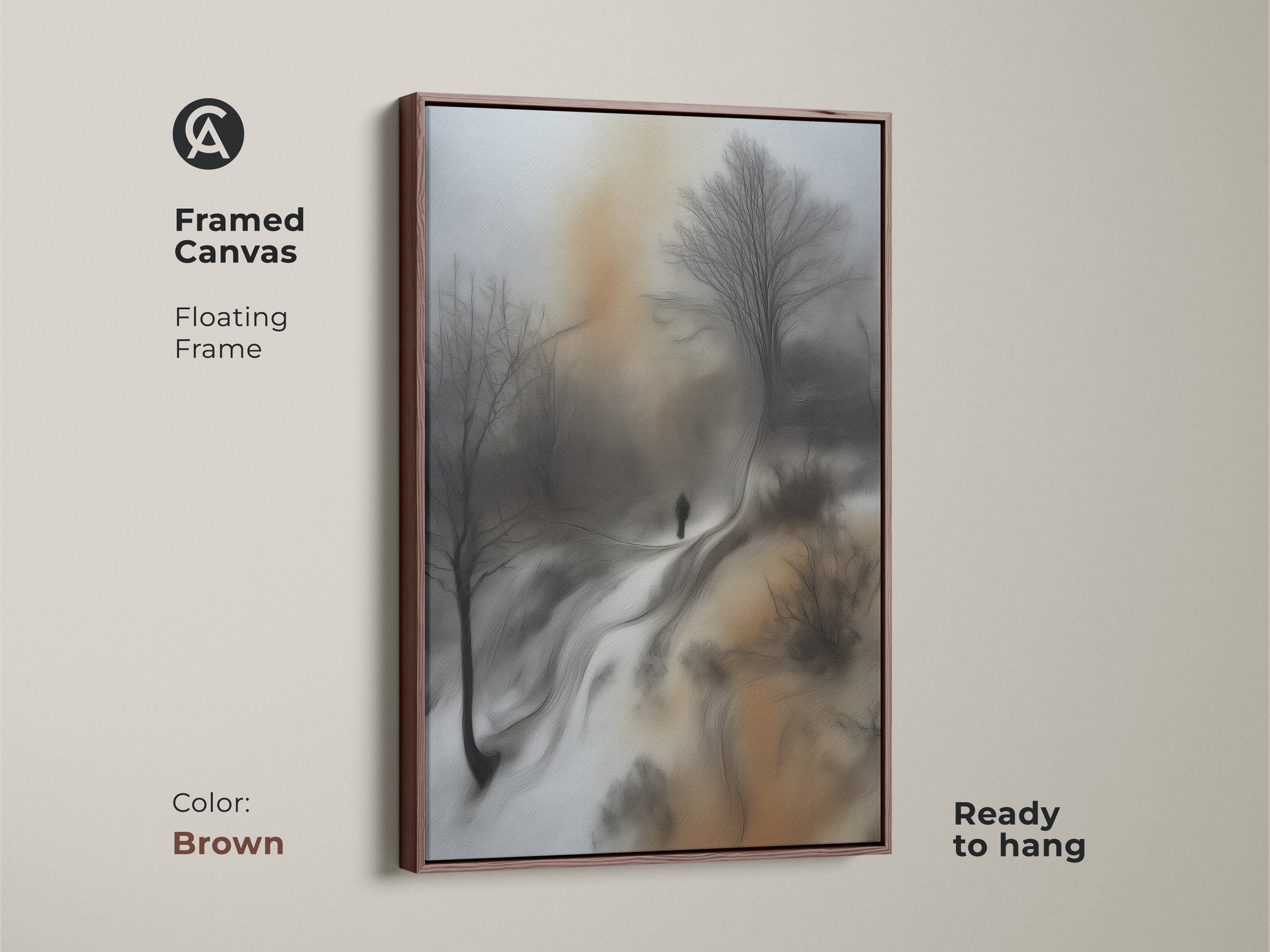 Framed canvas print of a sepia winter landscape. Brown floating frame provides a warm accent. Bare trees artwork creates a sophisticated feel. Ideal for home or office decor.