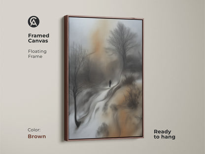 Framed canvas print of a sepia winter landscape. Brown floating frame provides a warm accent. Bare trees artwork creates a sophisticated feel. Ideal for home or office decor.