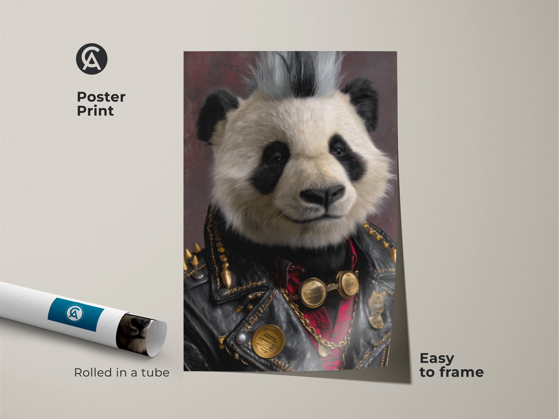 Poster Print version of the Punk Rock Panda art. This is an easy-to-frame option for this unique animal canvas. The print comes rolled in a tube. The gothic panda print brings a rebellious touch to alternative wall decor. It's a perfect gift for rock fans.
