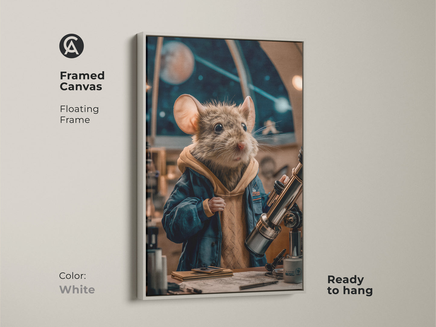 This framed canvas in white features a mouse astronomer. The ready to hang scientific art print has a floating frame. It would look great as office wall art. The unique wall art gift uses brown and teal tones.
