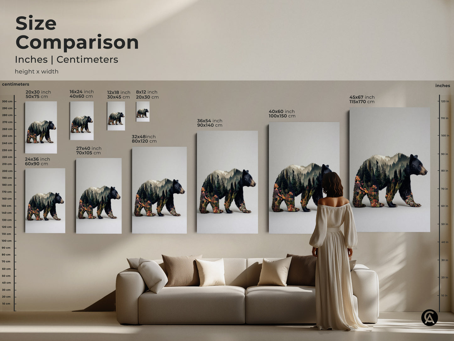 Size comparison for bear double exposure wall art. Various sizes are displayed above a sofa. See how the artwork fits in a living room setting. Choose from canvas or poster options. Find the ideal size for your home decor needs.