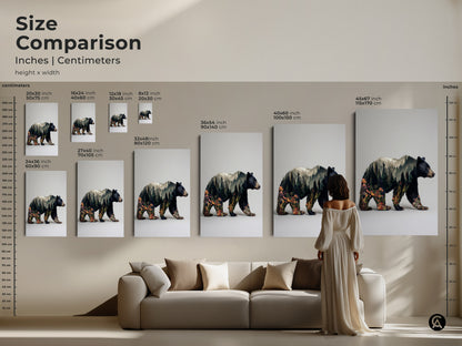 Size comparison for bear double exposure wall art. Various sizes are displayed above a sofa. See how the artwork fits in a living room setting. Choose from canvas or poster options. Find the ideal size for your home decor needs.