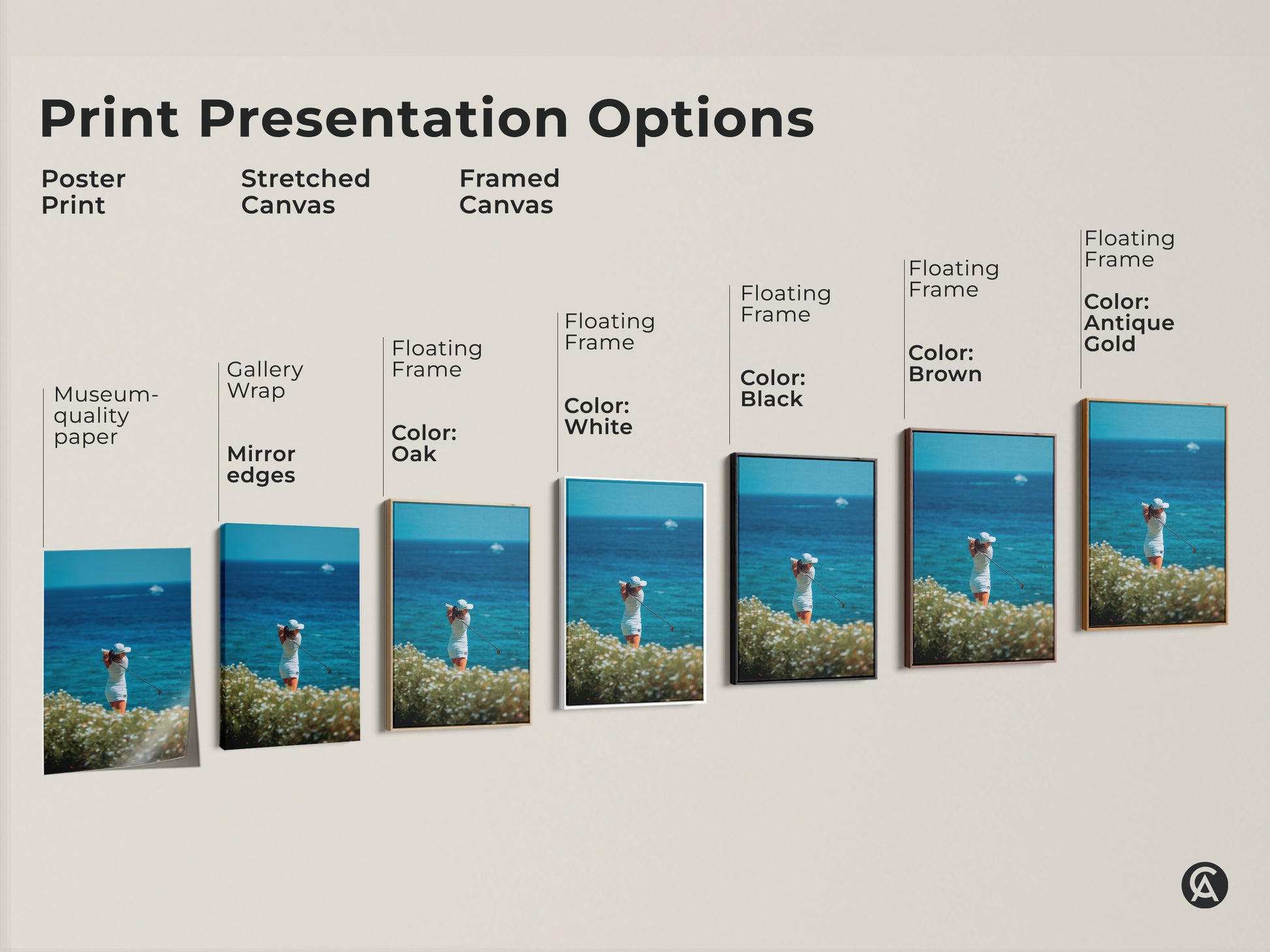 Explore our art print options poster prints stretched canvas prints and framed canvas prints. Each one displays a woman golfer swinging her club with the ocean behind her. Find the perfect presentation to complement your style.