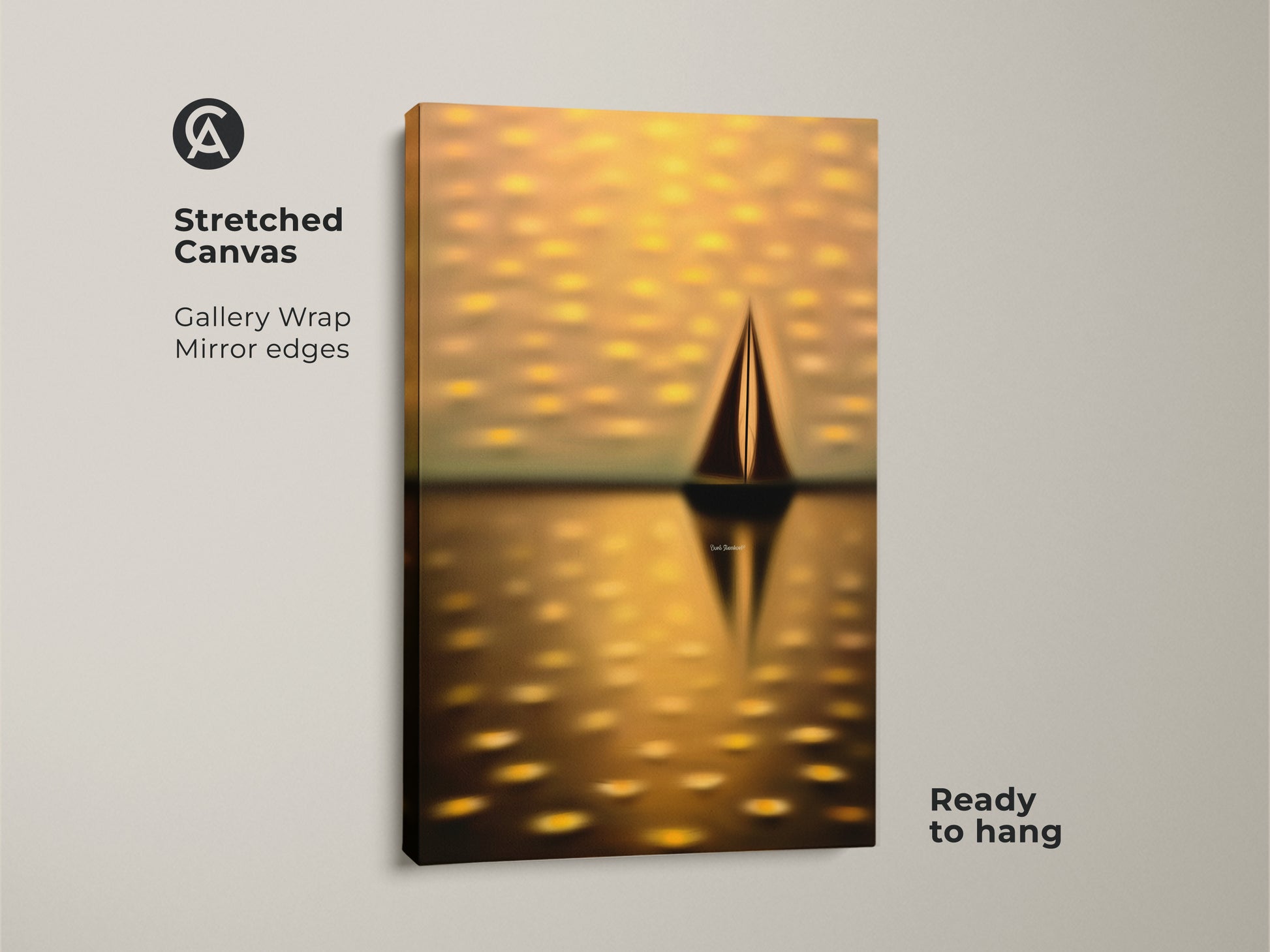 Stretched canvas print of a dreamy seascape. Gallery wrapped with mirror edges this piece is ready to hang. The artwork features a yellow gold sailboat art. Ideal for coastal home wall art.