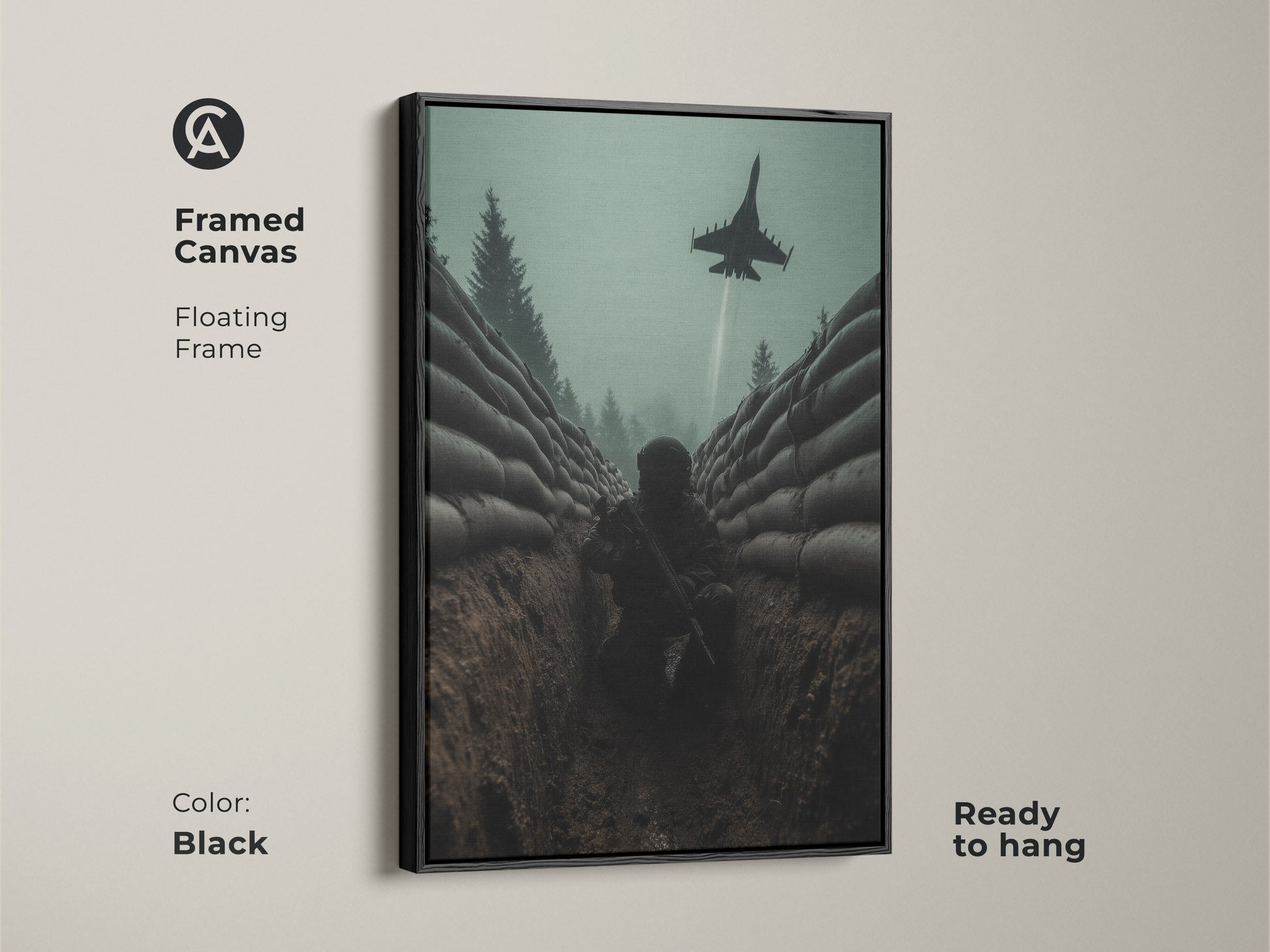 Framed canvas art of a soldier in a trench. A fighter jet soars overhead. This industrial military wall decor is perfect. The floating frame comes in black. Ready to hang this cinematic battle scene print in your office or man cave.