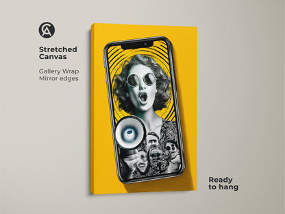 Stretched canvas gallery wrap of the pop art woman megaphone print. The vibrant yellow collage wall art is ready to hang. This is contemporary office decor. Get this gift for activists today. It's a modern communication art.