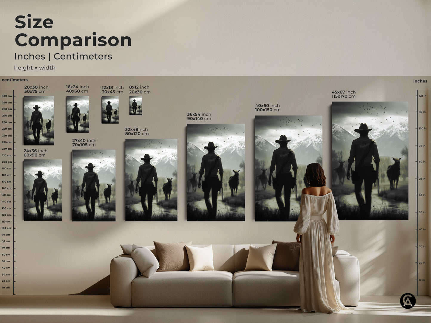 Size comparison of rustic western landscape artwork in inches and centimeters. See how cowboy and horses art fits above a sofa. Various sizes available to suit your space. Ideal for study room or home office decor. This monochrome art adds a cinematic feel. Perfect for western ranch decor.
