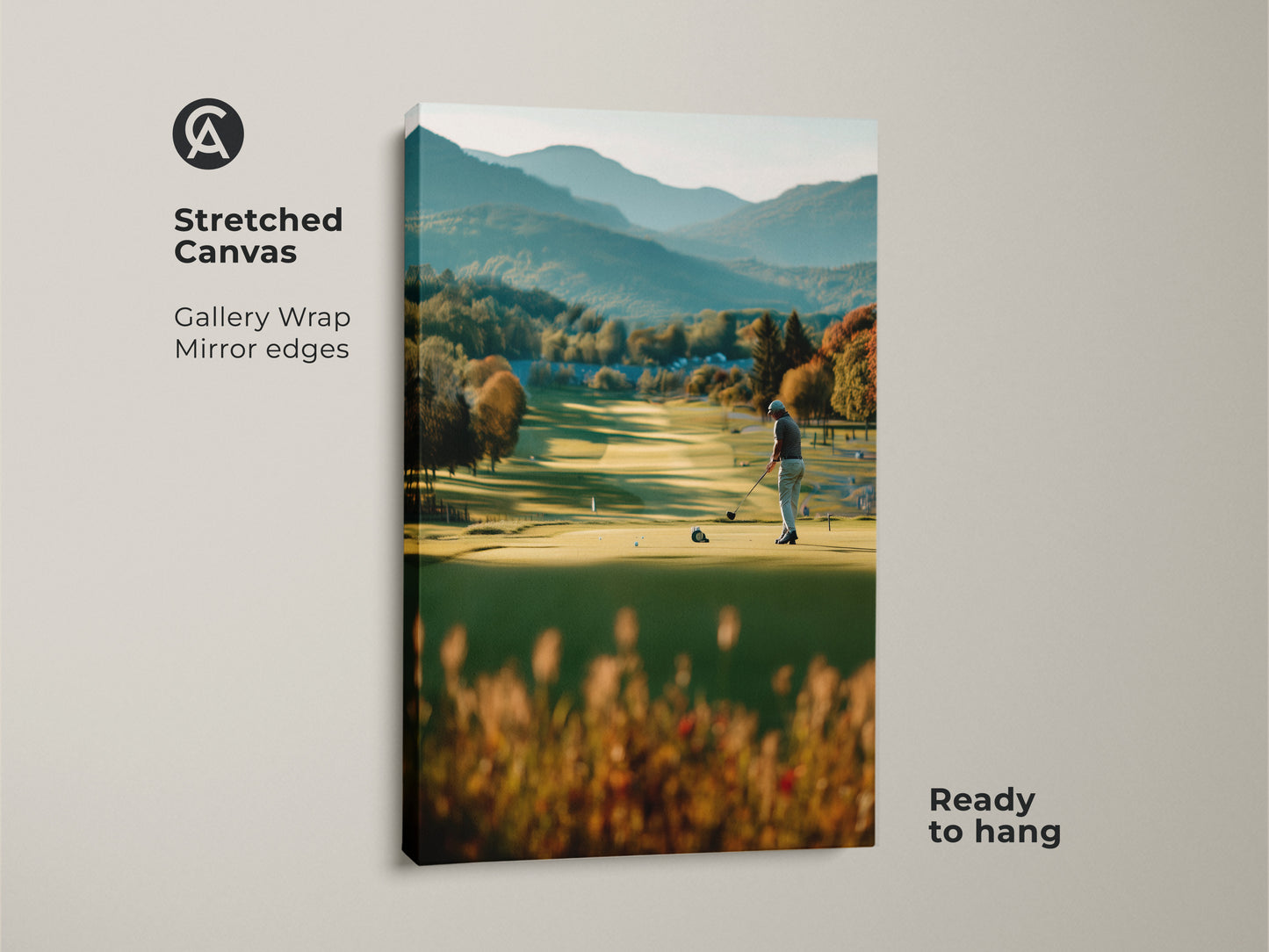 Bring the serenity of the golf course into your home with this stretched canvas golf artwork. The gallery wrap and mirrored edges create a seamless look. A golfer is captured mid-swing against a stunning mountain backdrop. Ready to hang and enjoy.