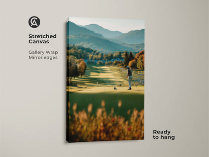Bring the serenity of the golf course into your home with this stretched canvas golf artwork. The gallery wrap and mirrored edges create a seamless look. A golfer is captured mid-swing against a stunning mountain backdrop. Ready to hang and enjoy.