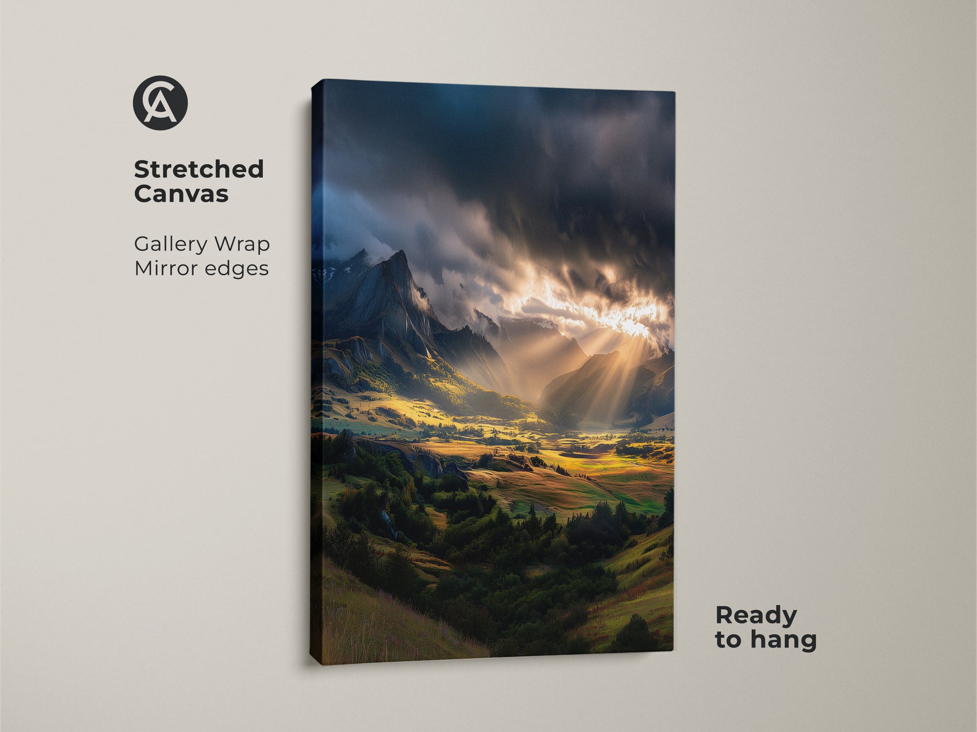 Stretched canvas of a golden sunbeam landscape print. This rustic nature wall decor features a blue green mountain artwork. Ready to hang and gallery wrapped with mirror edges. Perfect as an outdoor enthusiast gift idea.