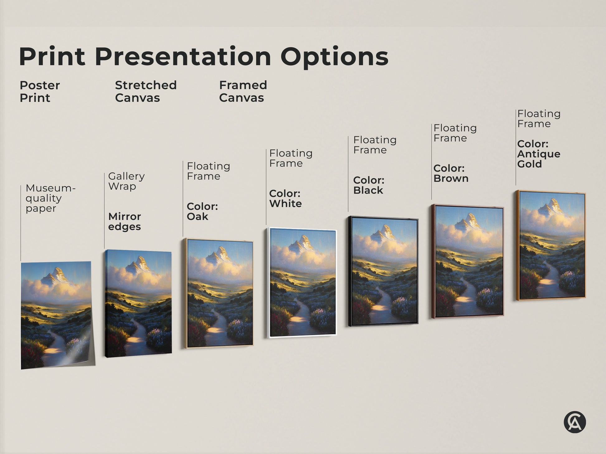 Explore print presentation options for mountain landscape artwork. Choose from poster prints stretched canvas or framed canvas. Select floating frames in oak white black brown or antique gold. Museum quality paper ensures lasting beauty.