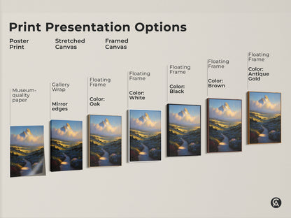Explore print presentation options for mountain landscape artwork. Choose from poster prints stretched canvas or framed canvas. Select floating frames in oak white black brown or antique gold. Museum quality paper ensures lasting beauty.