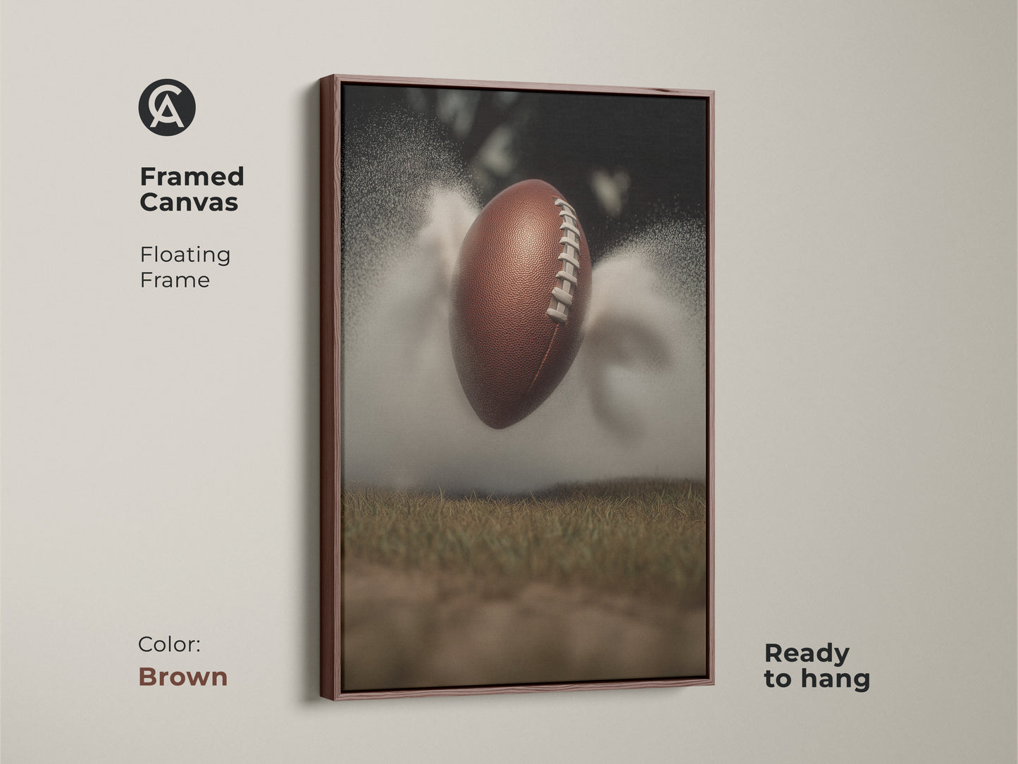 Enhance your decor with this dynamic football art print framed in brown. This sports action canvas is perfect for a modern office or man cave. It's a great gift for any sports lover. The artwork features a textured football against a misty field bringing an athletic touch to any room.