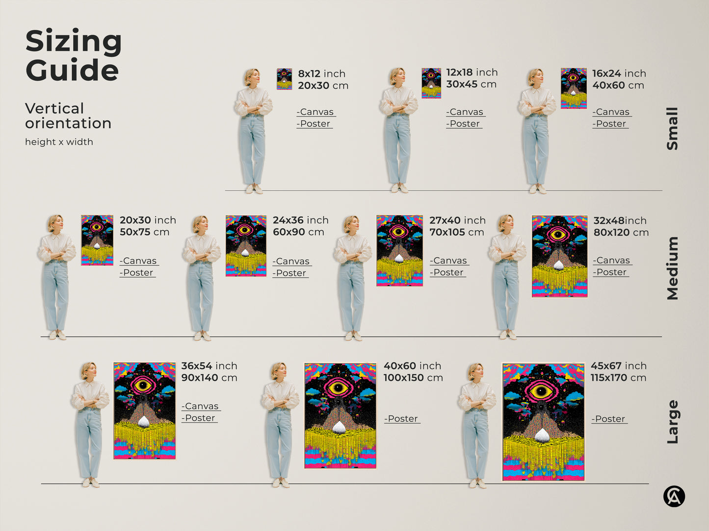 Sizing guide featuring the abstract cosmic eye art print in various dimensions. From small to large sizes visualize how this yellow blue pink psychedelic canvas fits your eclectic bedroom or office wall.