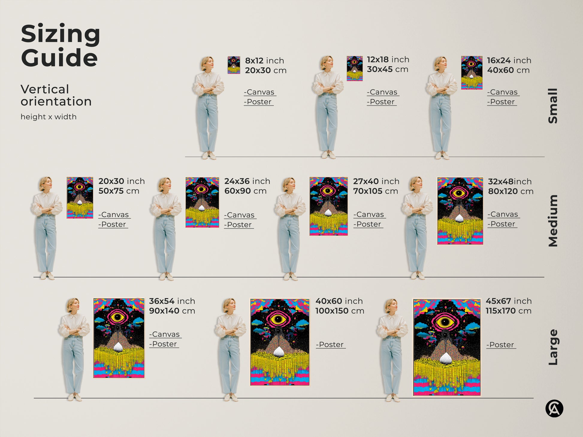 Sizing guide featuring the abstract cosmic eye art print in various dimensions. From small to large sizes visualize how this yellow blue pink psychedelic canvas fits your eclectic bedroom or office wall.