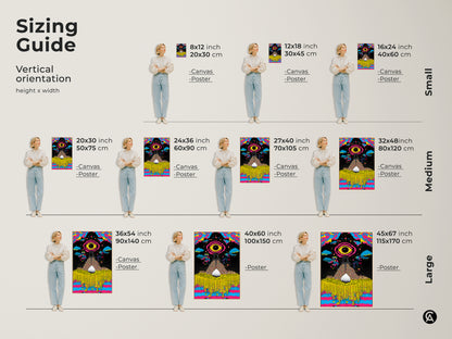 Sizing guide featuring the abstract cosmic eye art print in various dimensions. From small to large sizes visualize how this yellow blue pink psychedelic canvas fits your eclectic bedroom or office wall.