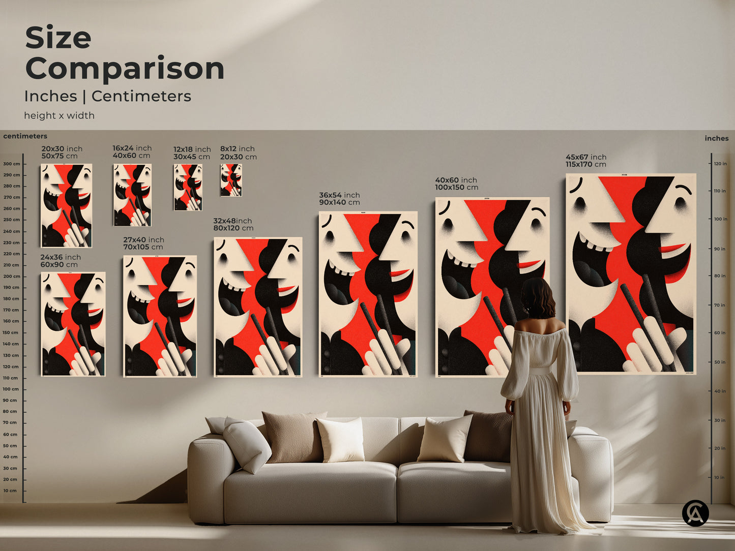 Size comparison of abstract face art prints in inches and centimeters. See the modern artwork in various sizes. It shows how the figurative art complements a living room setting.